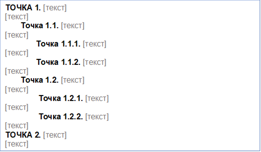 ТОЧКА 1. [текст]
[текст]
       Точка 1.1. [текст]
[текст]
              Точка 1.1.1. [текст]
[текст]
              Точка 1.1.2. [текст]
[текст]
       Точка 1.2. [текст]
[текст]
               Точка 1.2.1. [текст] 
[текст]
               Точка 1.2.2. [текст]
[текст]
ТОЧКА 2. [текст]
[текст]
